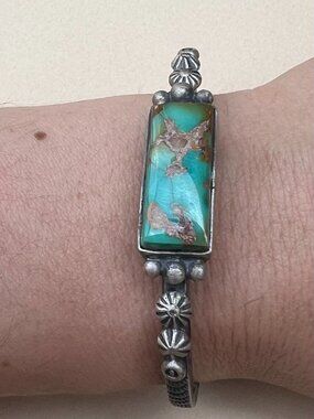 Navajo Vintage Turquoise and Sterling Silver Cuff Bracelet Signed Ronald Tom